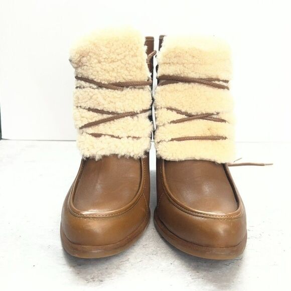 UGG Chestnut Analise Exposed Fur Leather Stacked Heel Ankle Boots Womens 7.5 - Picture 3 of 10